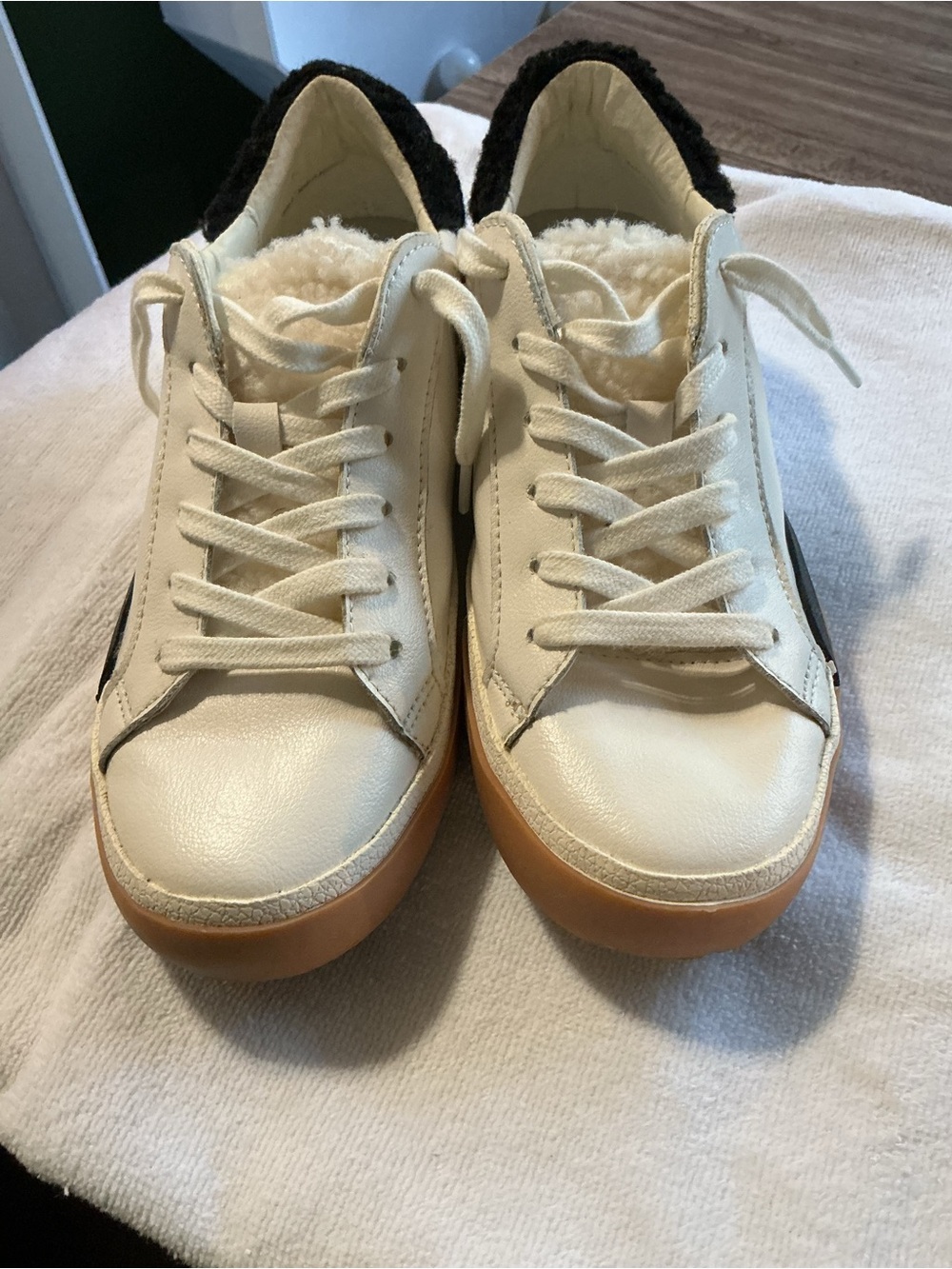 Dolce Vita Cream and Brown Fuzzy Lined Sneakers